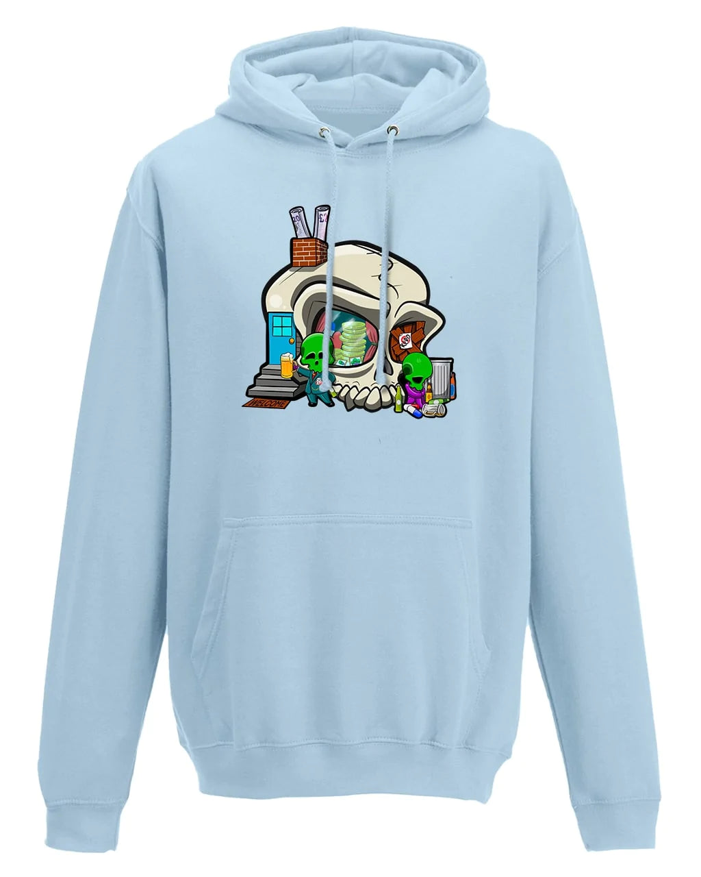 Addiction Mental Health Awareness Design on a Sky Blue Hoodie By Unsubtle Skulls
