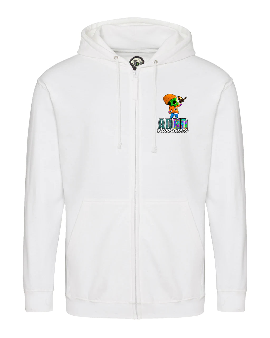 White ADHD Street Mental Health Awareness Full Zip Hoodie By Unsubtle Skulls