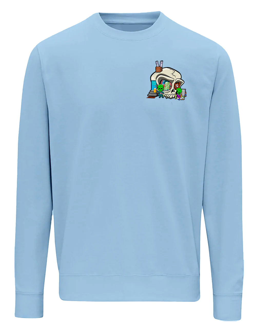 Addiction Awareness design on a Sky Blue Sweater By Unsubtle Skulls