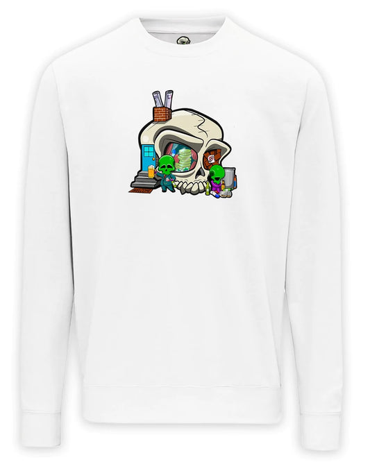 Addiction Awareness design on a White Sweater By Unsubtle Skulls