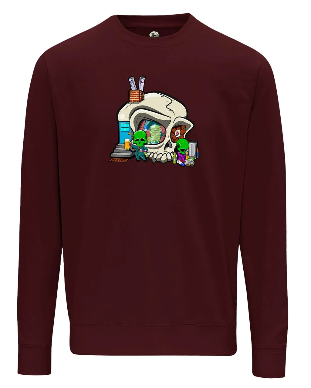 Addiction Mental Health Awareness design on a Burgundy Sweater By Unsubtle Skulls