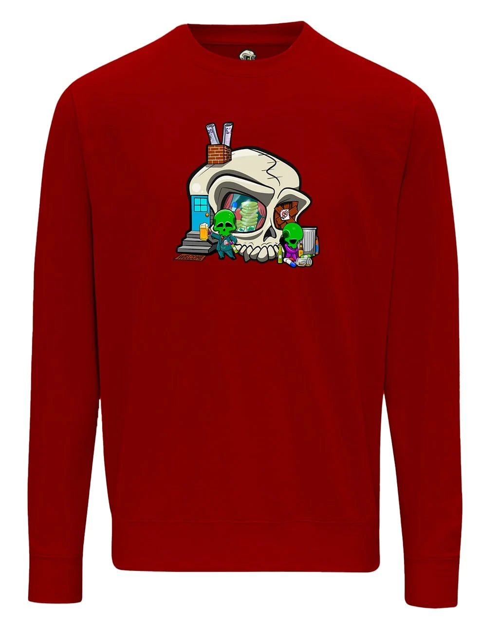 Addiction Mental Health Awareness design on a Red Sweater By Unsubtle Skulls