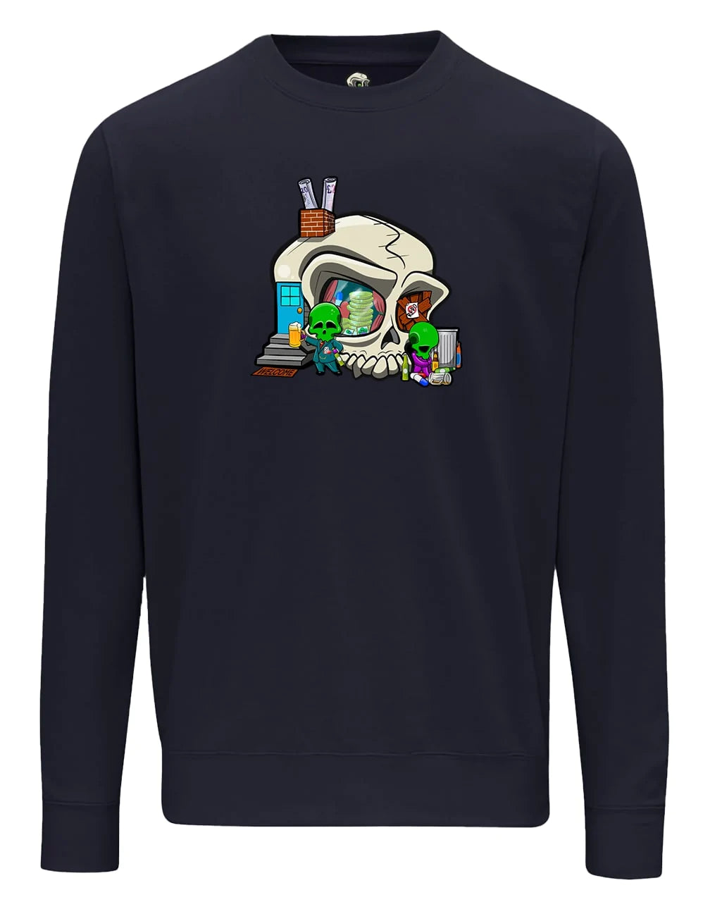 Addiction Mental Health Awareness design on a Navy Sweater By Unsubtle Skulls