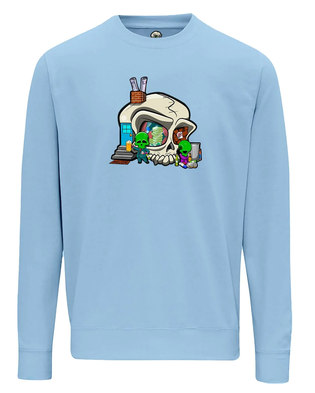 Addiction Mental Health Awareness design on a Sky Blue Sweater By Unsubtle Skulls